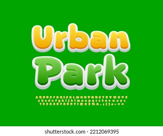 Vectoreco-Logo Urban Park. Kreative 3D-Schriftart. Kinder Gelbe Alphabet Buchstaben, Zahlen und Symbole.