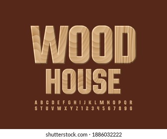 Vector eco logo Wood House. Tree pattern Font. Natural textured Alphabet Letters and Numbers set