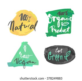 Vector eco natural organic raw vegan label over brushed splashes