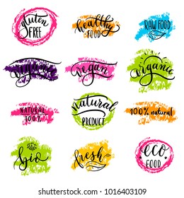 Vector eco, organic, bio logos or signs. Vegan, raw, healthy food badges, tags set for cafe, restaurants, products packaging etc.
