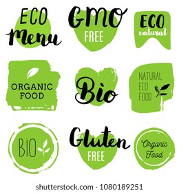 Vector eco, organic, bio logos or signs. Vegan, raw, healthy food badges, tags set for cafe, restaurants, products packaging etc.