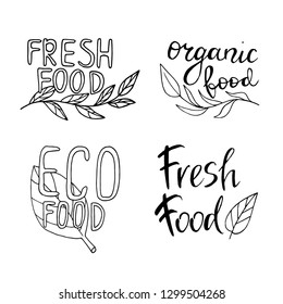 Vector eco, organic, bio logos or signs. Vegan, raw, healthy food badges, tags set for cafe, restaurants, products packaging etc.