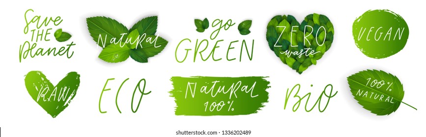 Vector eco organic bio logos with realistic leaves. Leaf vegan, organic, healthy food logos, badge, labels. Organic food tags and elements set for cafe,restaurants,organic products packaging