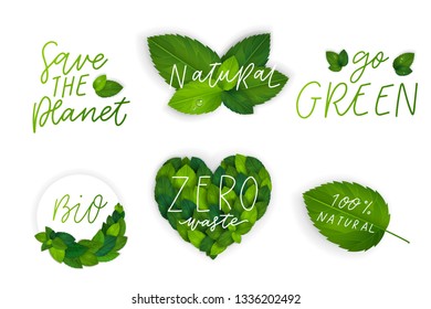 Vector eco organic bio logos with realistic leaves. Leaf vegan, organic, healthy food logos, badge, labels. Organic food tags and elements set for cafe,restaurants,organic products packaging