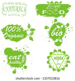 Vector eco, organic, bio logos or signs. Vegan, healthy food badges, tags set for cafe,restaurants, products packaging etc.