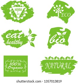 Vector eco, organic, bio logos or signs. Vegan, healthy food badges, tags set for cafe,restaurants, products packaging etc.