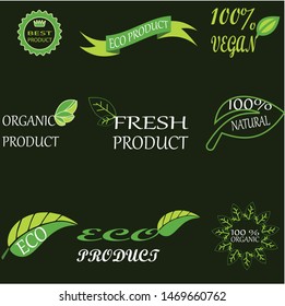 Vector eco, organic, bio logos or signs. Vegan, healthy food badges, tags set for cafe,restaurants, products packaging etc.