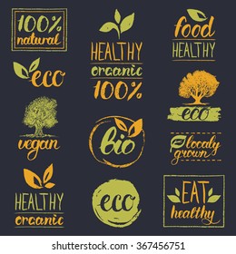 Vector Eco, Organic. Bio Logos. Handwritten Healthy Eat Logotypes Set. Vegan, Natural Food And Drinks Signs. Farm Market, Store Icons Collection. Raw Meal Badges, Labels.