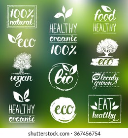 Vector eco, organic, bio logos. Handwritten healthy eat logotypes set. Vegan, natural food and drinks signs. Farm market, store icons collection. Raw meal badges, labels.