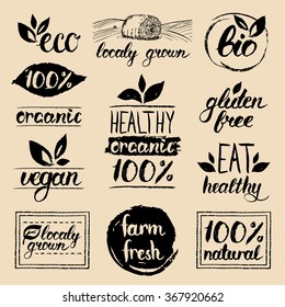 Vector Eco, Organic, Bio Logos. Handwritten Healthy Eat Logotypes Set. Vegan, Natural Food And Drink Signs. Farm Market, Store Icons Collection. Raw Meal Badges, Labels.