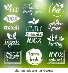 Vector eco, organic, bio logos. Handwritten healthy eat logotypes set. Vegan, natural food and drink signs. Farm market, store icons collection. Raw meal badges, labels.