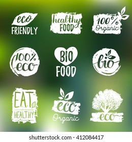 Vector eco, organic, bio logos or signs. Vegan, healthy food badges, tags set for cafe, restaurants, products packaging etc.