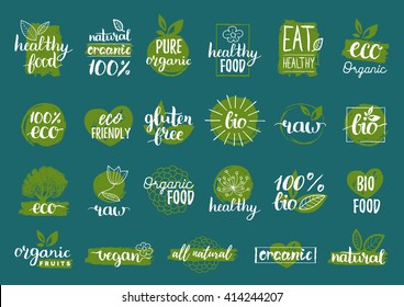 Vector eco, organic, bio logos or signs. Vegan, healthy food badges, tags set for cafe, restaurants, products packaging etc.