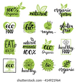 Vector eco, organic, bio logos or signs. Vegan, healthy food badges, tags set for cafe,restaurants, products packaging etc.