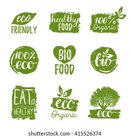 Vector eco, organic, bio logos or signs. Vegan, healthy food badges, tags set for cafe,restaurants, products packaging etc.