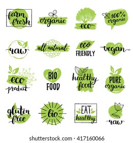 Vector eco, organic, bio logos or signs. Vegan, healthy food badges, tags set for cafe, restaurants, products packaging etc.