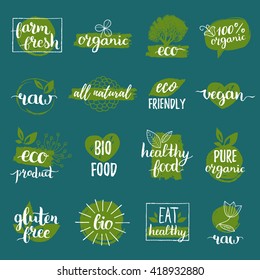 Vector eco, organic, bio logos or signs. Vegan, healthy food badges, tags set for cafe,restaurants, products packaging etc.