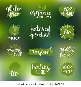 Verdadero ecológico, orgánico, bio logos o signos. Vegan, insignias de comida saludable, etiquetas para cafés, restaurantes, embalaje de productos, etc.