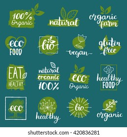Vector eco, organic, bio logos or signs. Vegan, healthy food badges, tags set for cafe,restaurants, products packaging etc.