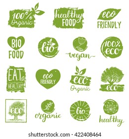 Vector eco, organic, bio logos or signs. Vegan, healthy food badges, tags set for cafe,restaurants, packaging etc.