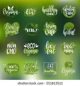 Vector eco, organic, bio logos or signs. Vegan, healthy food illustrations set  for cafe, restaurant badges, tags, packaging etc.