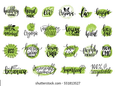 Vector eco, organic, bio logos or signs. Vegan, healthy food illustrations set  for cafe, restaurant badges, tags, packaging etc.