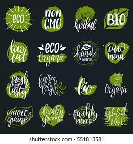 Vector eco, organic, bio logos or signs. Vegan, healthy food illustrations set  for cafe, restaurant badges, tags, packaging etc.