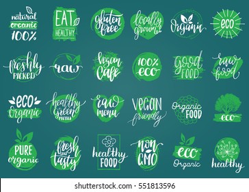 Vector eco, organic, bio logos or signs. Vegan, healthy food illustrations set  for cafe, restaurant badges, tags, packaging etc.