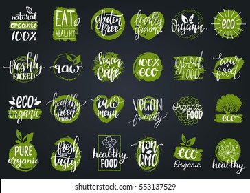 Vector eco, organic, bio logos or signs. Vegan, healthy food illustrations set  for cafe, restaurant badges, tags, packaging etc.