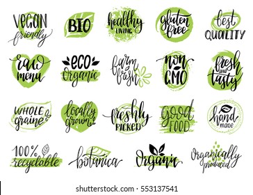 Vector eco, organic, bio logos or signs. Vegan, healthy food illustrations set  for cafe, restaurant badges, tags, packaging etc.