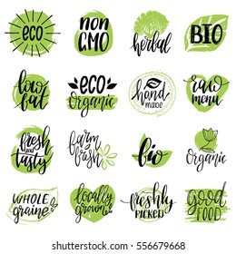 Vectoröko-, Bio-, Bio-Logos oder -Zeichen. Vegan, gesunde Illustrationen für Café, Restaurant-Abzeichen, Tags, Verpackungen etc.