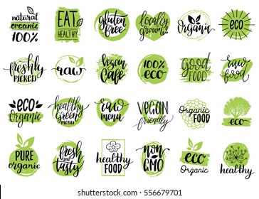 Vector eco, organic, bio logos or signs. Vegan, healthy food illustrations set  for cafe, restaurant badges, tags, packaging etc.