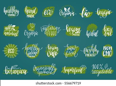 Vector eco, organic, bio logos or signs. Vegan, healthy food illustrations set  for cafe, restaurant badges, tags, packaging etc.