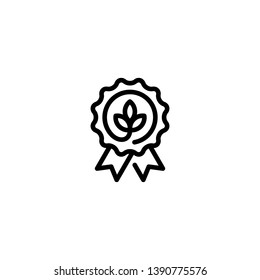 Vector eco organic icon template. Farm food, raw, vegan label for local farmers market, healthy goods, premium quality products, bio business. Line natural logo badge with green leaves and ribbon