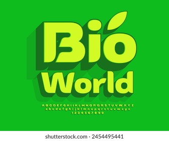 Póster ecológico de Vector Bio World. Fuente 3D con estilo verde. Conjunto de letras y números de alfabeto moderno.