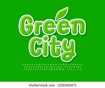 Vector eco Poster Green City. Playful style Font. Modern Alphabet Letters and Numbers