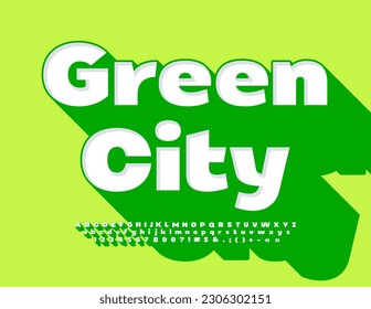 Vector eco poster Green City. Creative Font with Big Shadow. Modern Alphabet Letters and Numbers