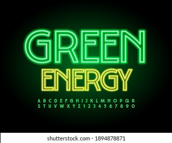 Vector eco poster Green Energy. Elegant Illuminated Font. Led Neon Alphabet Letters and Numbers set