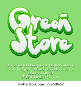 Poster Eco vetor Green Store. Conjunto de estilo adesivo letras alfabeto, números e símbolos de pontuação. Fonte artesanal com estilo gráfico