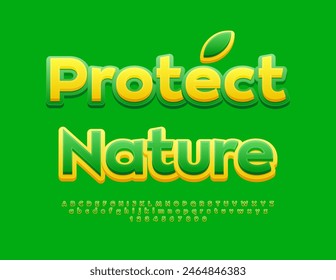 Póster ecológico de Vector Protege la Naturaleza. Fuente brillante verde y amarillo. Conjunto de letras y números de alfabeto moderno.