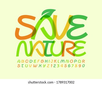 Afiche de Vector Eco Salvar la Naturaleza con Hoja. Fuente luminosa creativa. Letras y números de alfabeto de arte colorido 