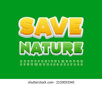 Afiche del Vector Eco Salvar a la Naturaleza. Fuente verde moderna. Conjunto de letras y números de alfabeto único