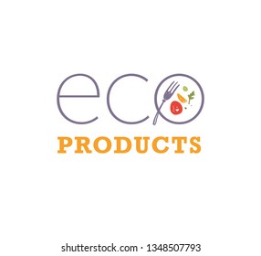 Vector eco products food logo design template with dish, meal and fork icons isolated on white background. For vegan food store, farmers market, natural bio products insignia, labels, packaging etc.