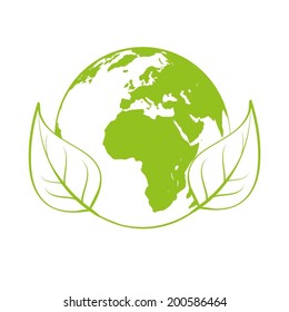 Vector eco recycling icon, sign or sticker with green sprouts. World globe isolated on white background.