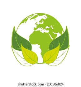 Vector eco recycling icon, sign or sticker with green sprouts. World globe isolated on white background.