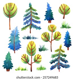 Vector eco set of stylized watercolor isolated trees, firs and grass