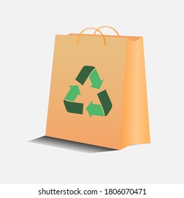 Vector eco shopping paper bag set with recycle symbol realistic style isolated on white background. Illustration 10 eps