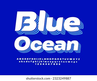 Signo ecológico vectorial océano azul. Fuente creativa brillante. Conjunto de letras, números y símbolos alfabéticos modernos
