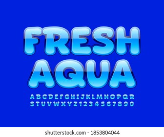 Vector eco sign Fresh Aqua. Blue glossy Font. Shiny modern Alphabet Letters and Numbers set