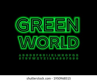 Vector eco sign Green World. Neon glowing Font. Bright modern style Alphabet Letters and Numbers set